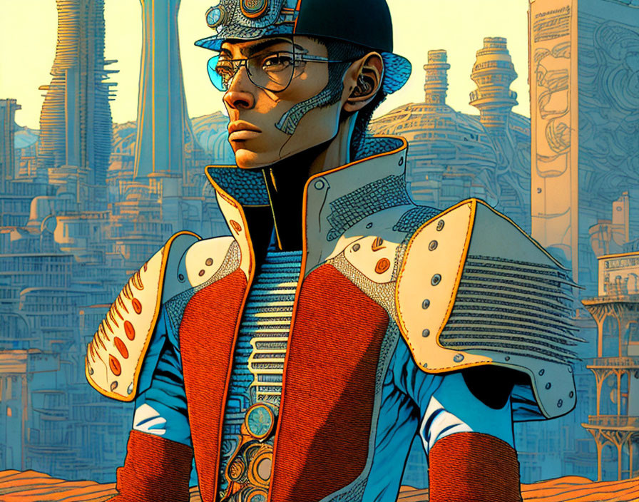 Futuristic soldier in blue and red armor against advanced cityscape