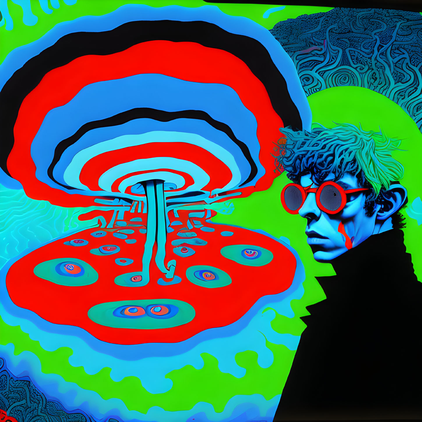 Colorful portrait with red glasses and psychedelic patterns on mushroom cloud backdrop
