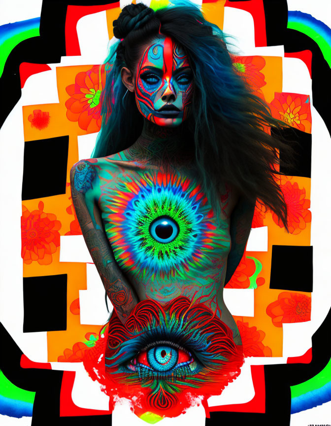 Vibrant body paint with eye designs on woman amid colorful abstract patterns