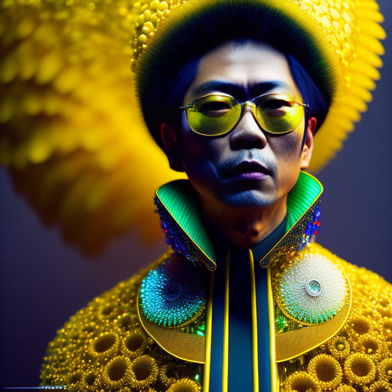 Colorful Costume with Elaborate Patterns and Reflective Glasses