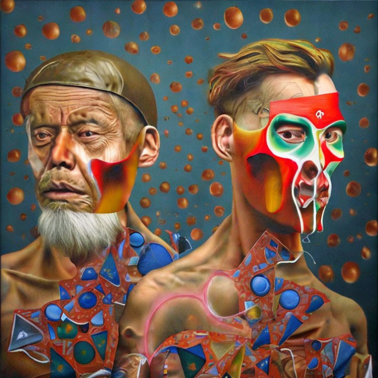 Vibrant surreal artwork: two faces with disjointed features and floating bronze spheres
