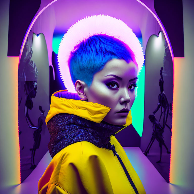 Blue-haired person in yellow jacket under neon lights with silhouetted figures.