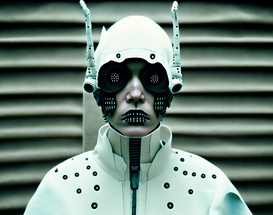 Futuristic white robotic mask with black eyes and antenna against ribbed background