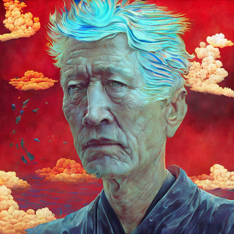 Man with Blue-Streaked Hair and Somber Expression in Red Sky Illustration