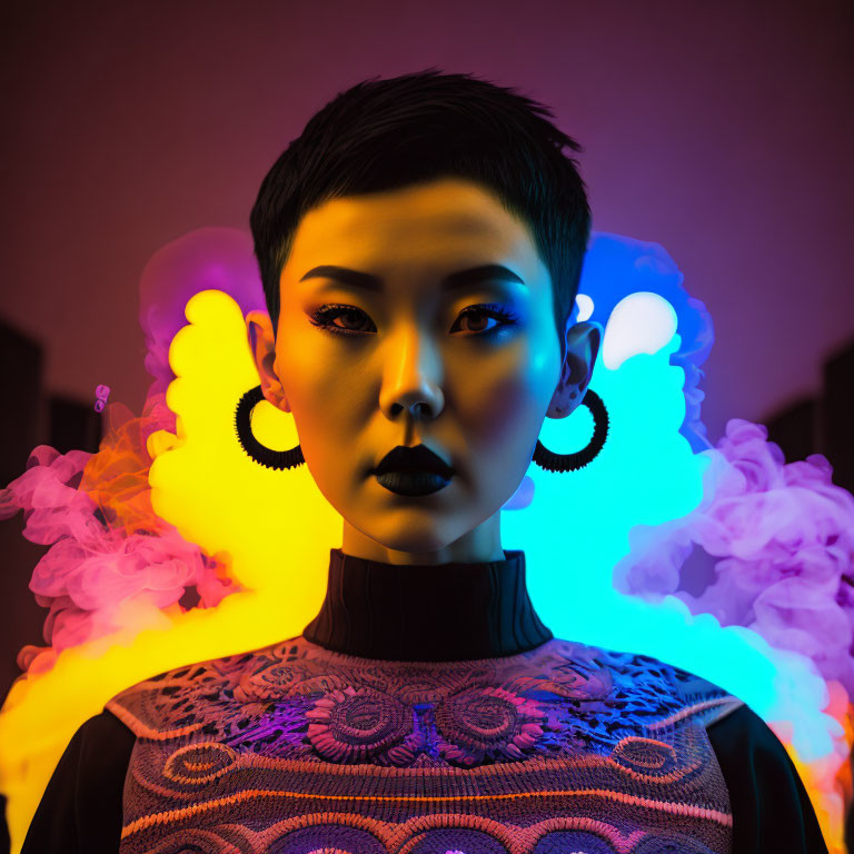 Stylized portrait of woman with short haircut in neon smoke.