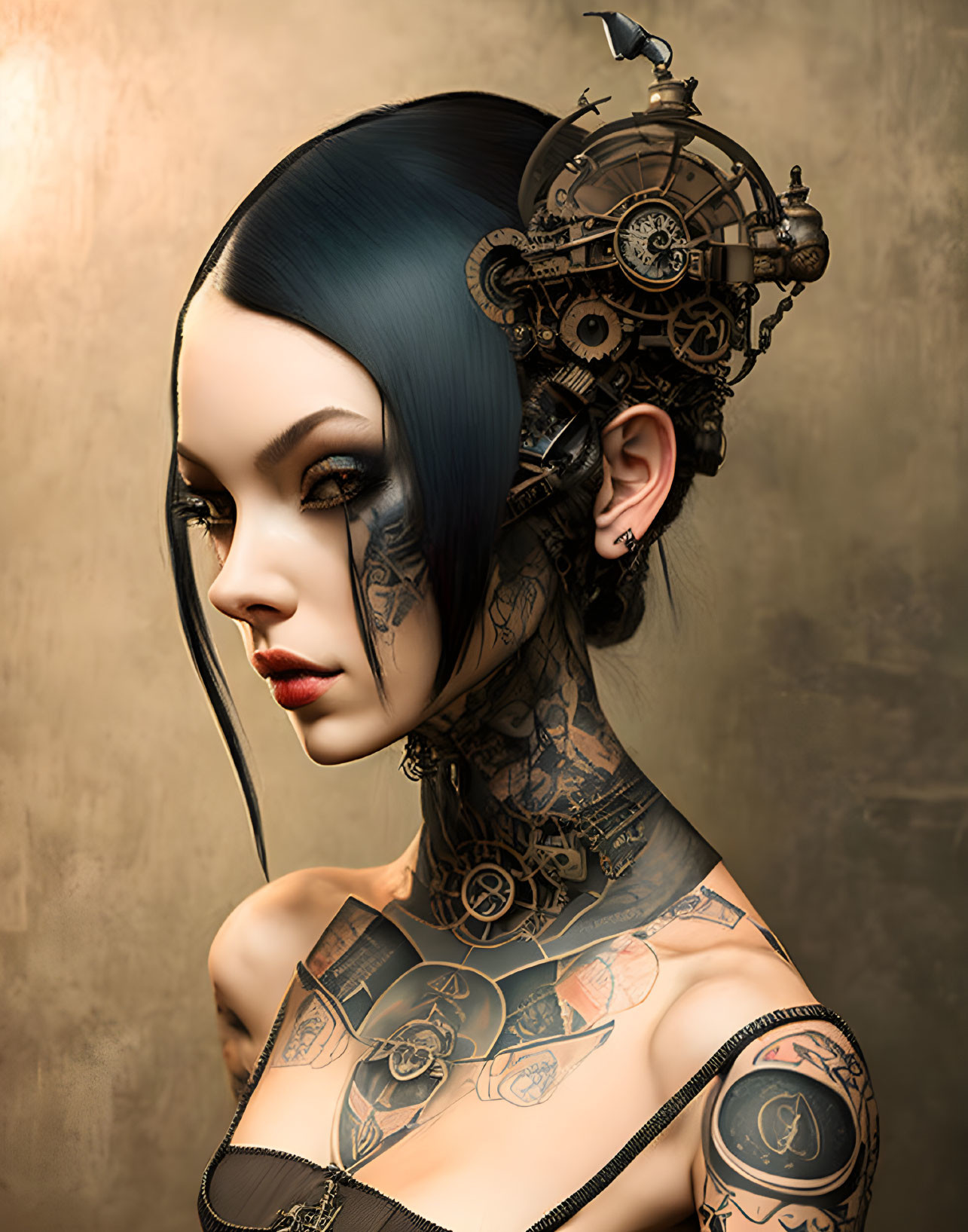 Steampunk-inspired woman portrait with mechanical elements and tattoos on golden backdrop