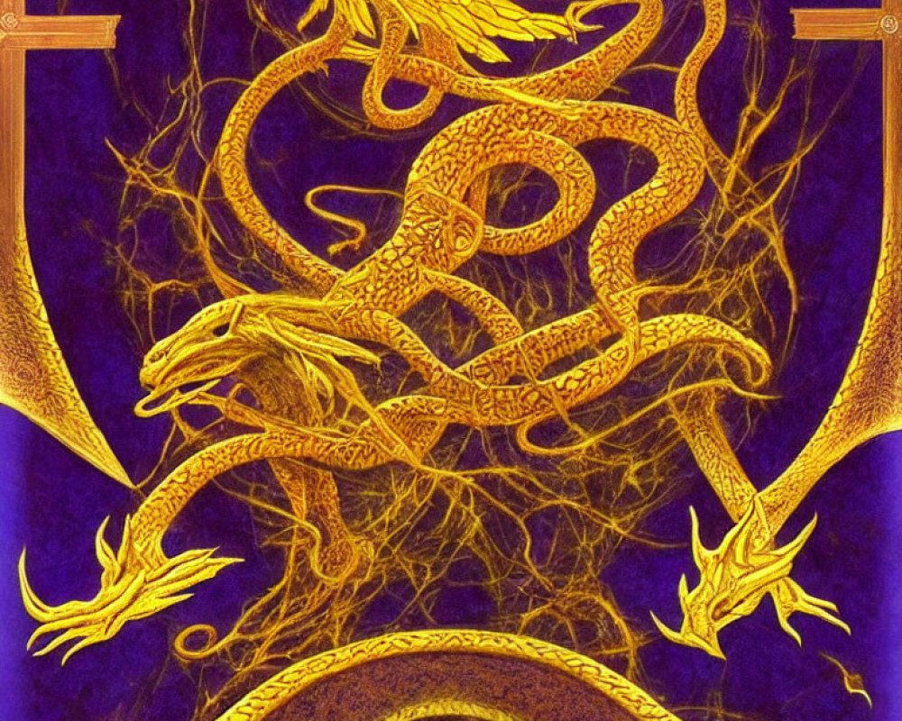 Golden dragon on purple background: intricate fantasy design