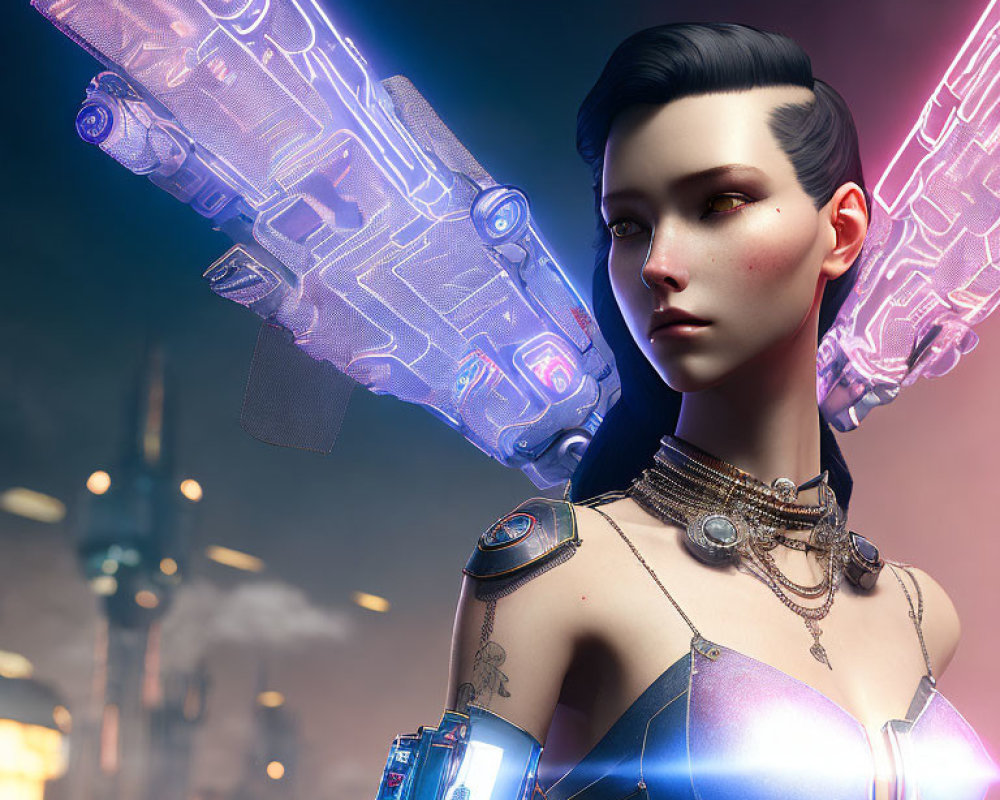 Futuristic female character with cybernetic enhancements and neon weaponry in cityscape