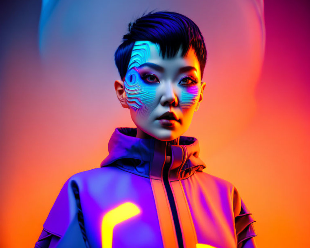 Colorful portrait of person with pixie haircut and futuristic face paint under neon lights