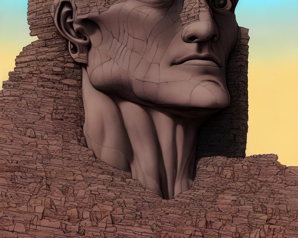 Giant stone head 3D rendering with contemplative expression against warm-hued sky