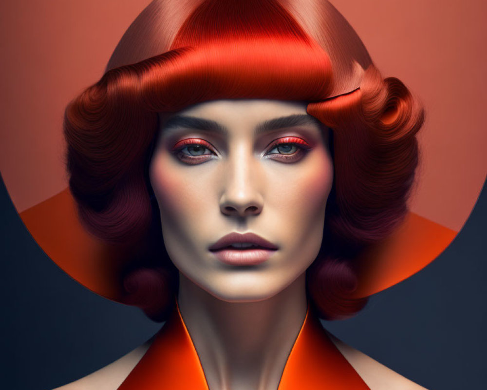 Stylized red-haired woman in futuristic fashion against red-orange backdrop