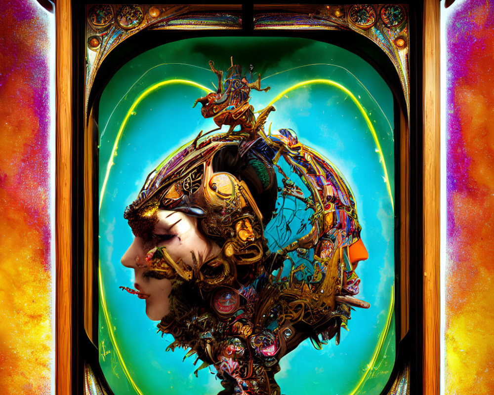 Colorful surreal artwork: Mechanical head in ornate golden frame