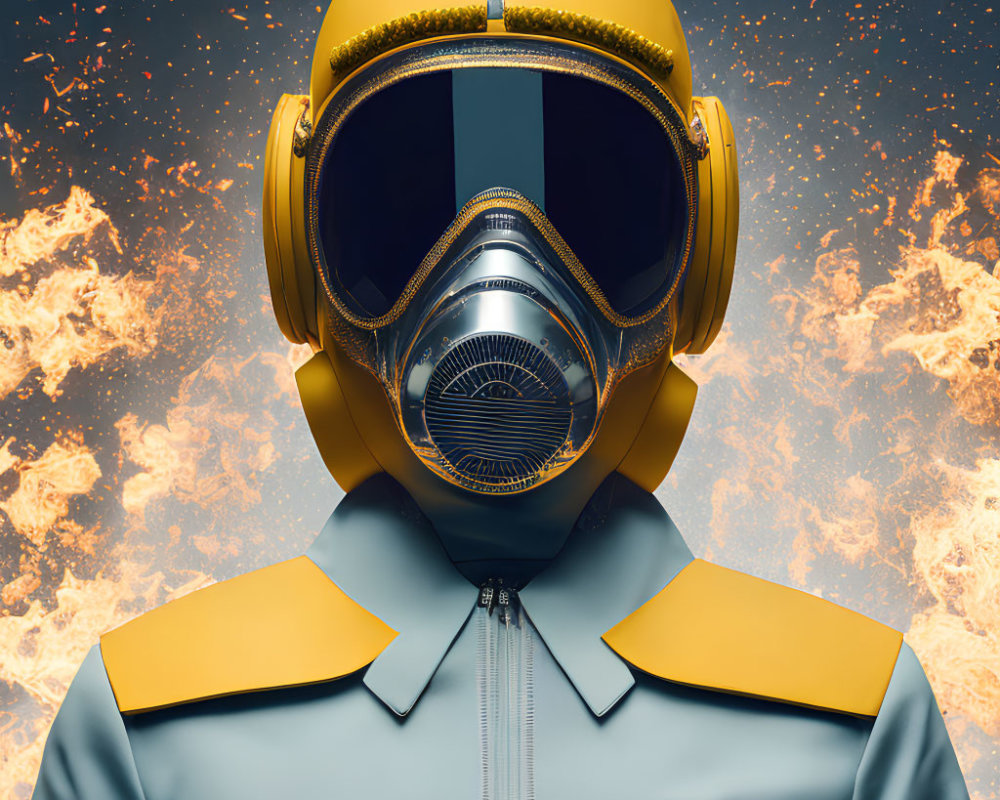 Futuristic person in yellow and blue helmet with reflective visor on vivid fiery backdrop