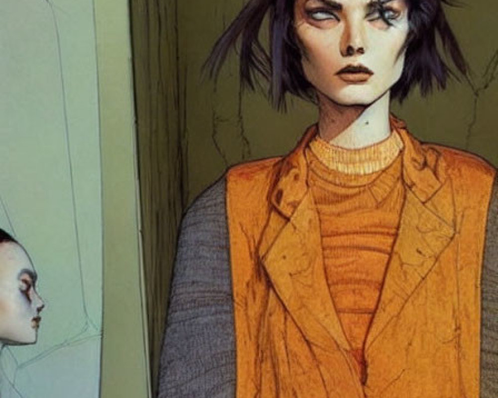 Illustration of woman with purple hair in orange jacket and beige turtleneck