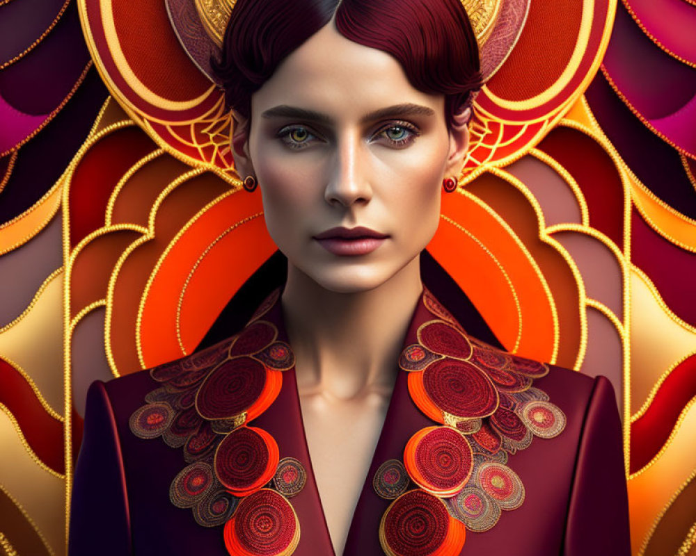 Portrait of woman with stylized red hairstyle and blue eyes in red jacket against ornate background