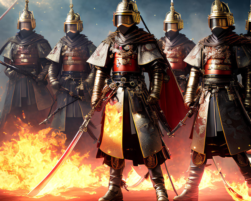 Armored knights with swords and spears on fiery battlefield