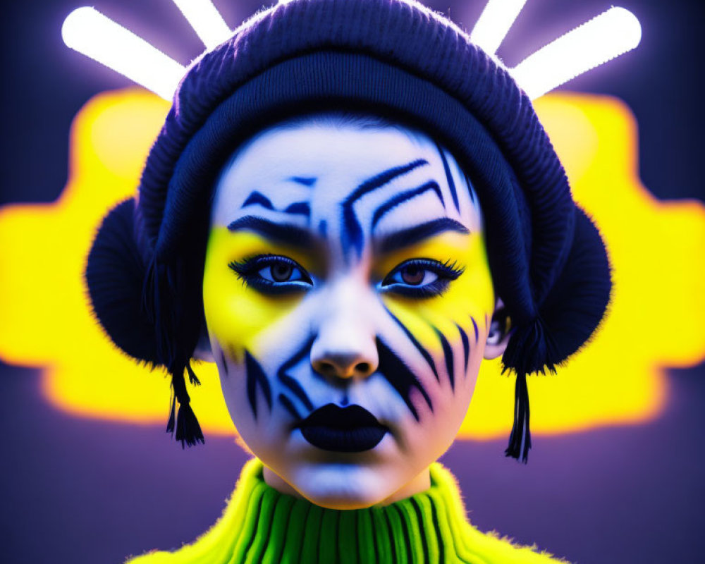 Bold Black and Yellow Face Paint with Beanie Pose under Purple Lighting