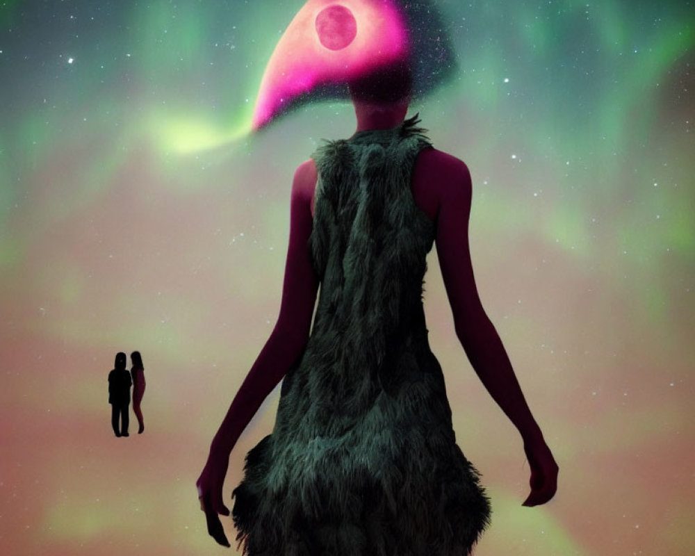 Surreal Figure with Nebula Head in Cosmic Landscape