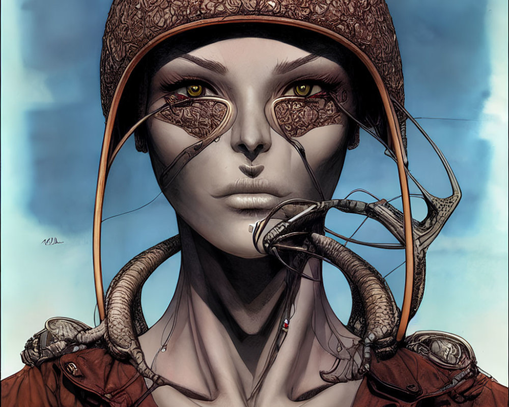 Illustration of person with textured headpiece, snake-like creatures, and golden reptilian eyes on blue