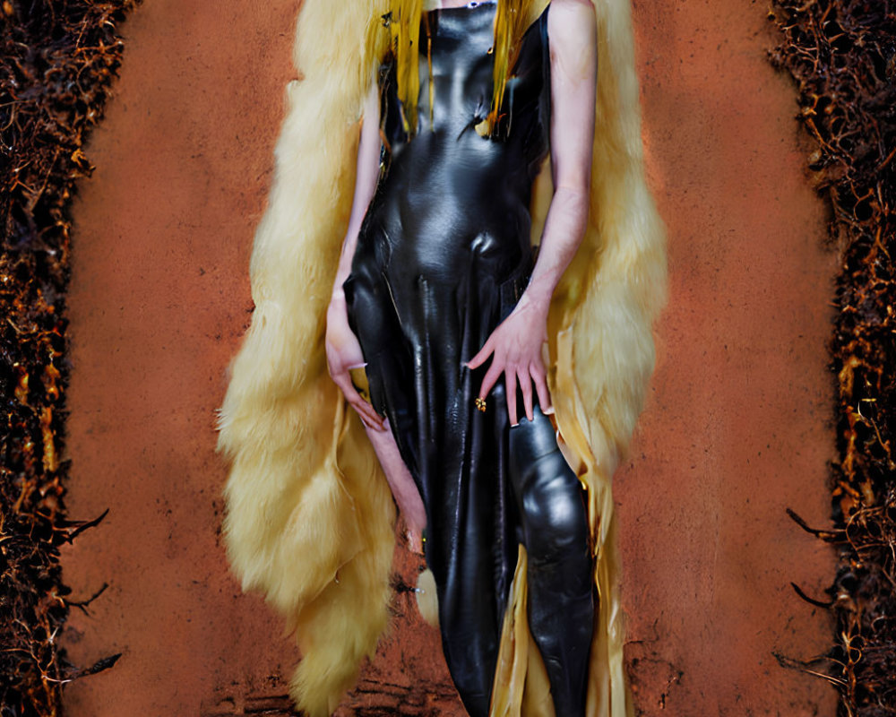 Black Glossy Dress with Yellow Feathered Overcoat Against Rustic Background