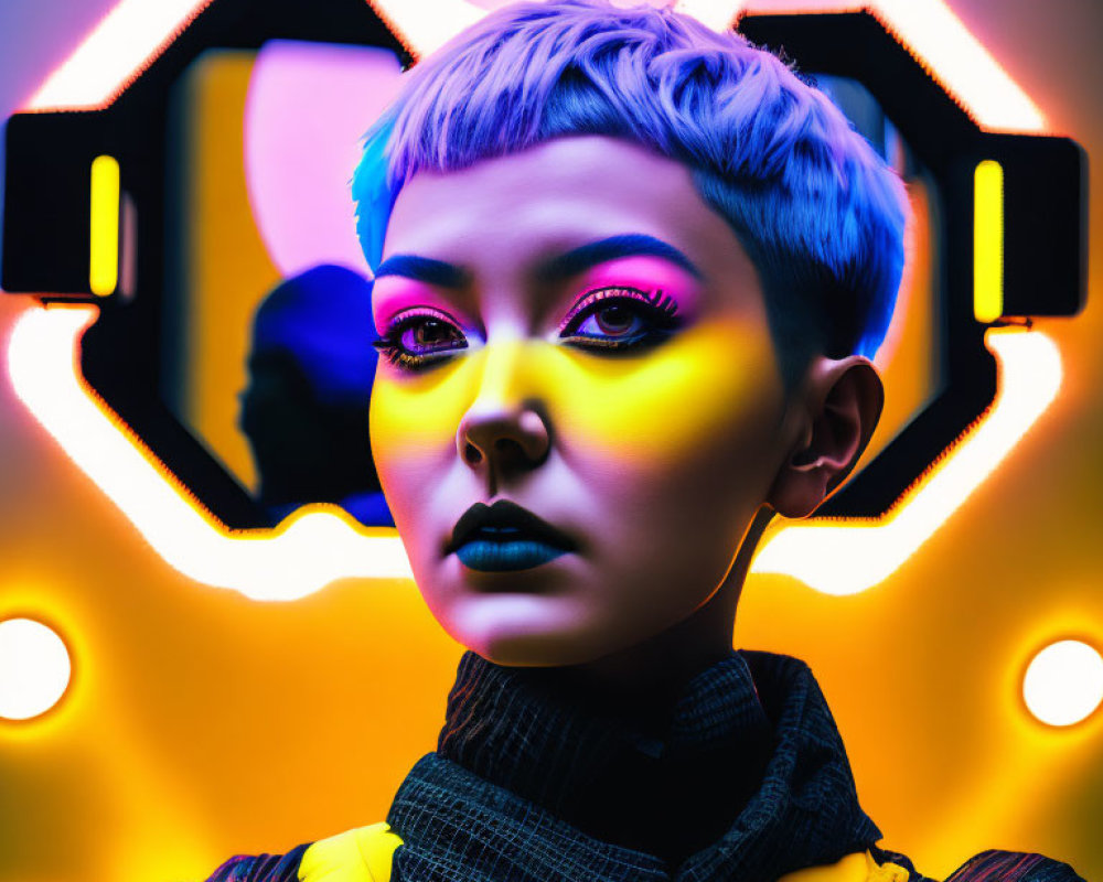 Colorful futuristic portrait with neon lighting and short haircut