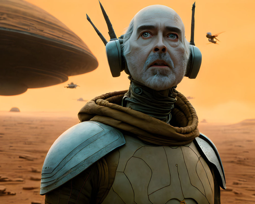 Bald humanoid alien with large eyes on desert planet with spaceships