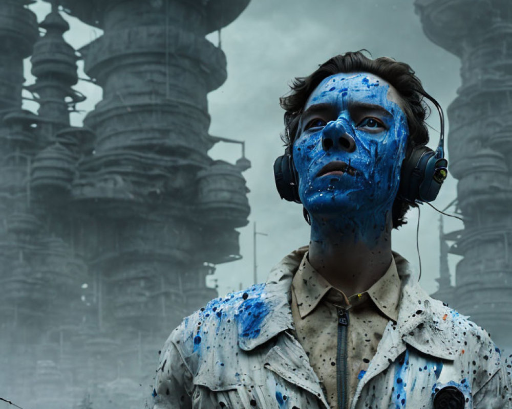 Person with Blue Face Paint Stands Amid Industrial Towers