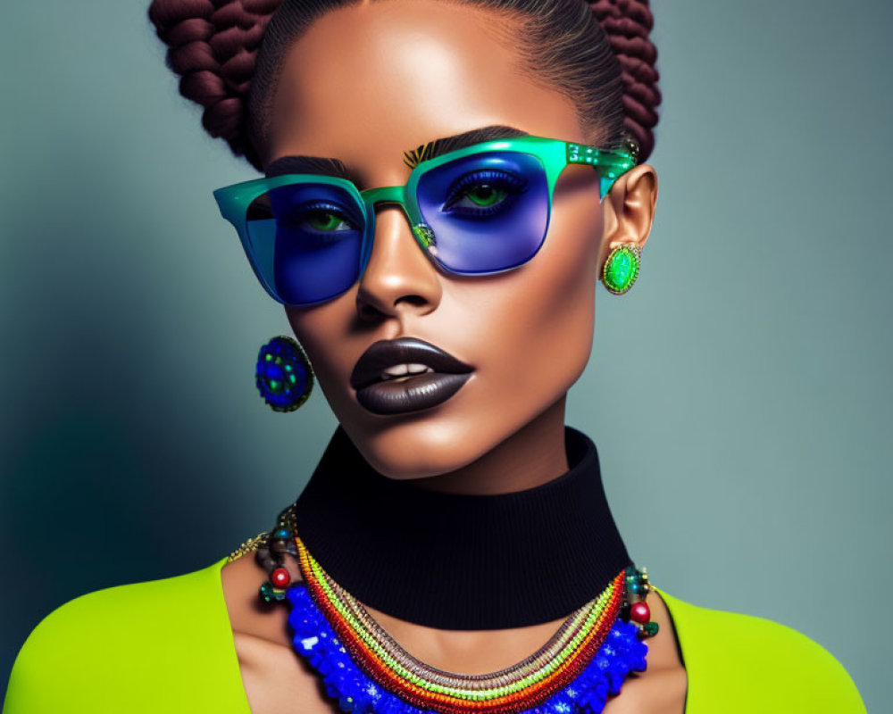 Stylized woman in blue sunglasses and neon green attire on teal background