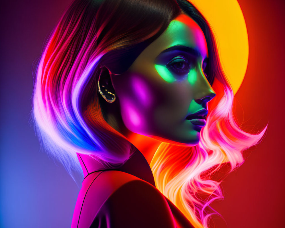 Profile of woman with colorful neon lighting on face and hair against dark background.