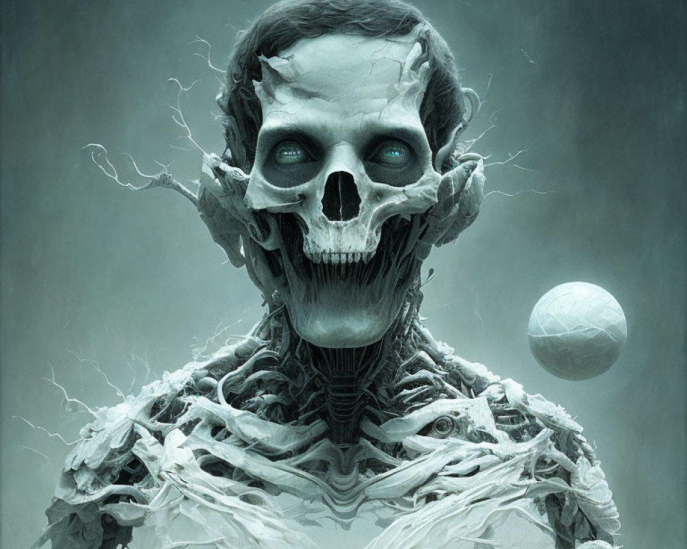 Skeletal figure with faint grin and pale moon in surreal style