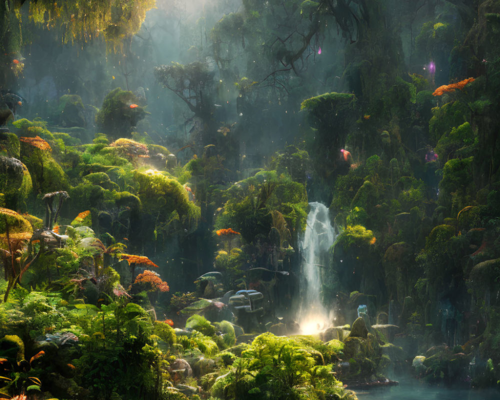 Sunlit forest with waterfall, lush greenery, and floating lights