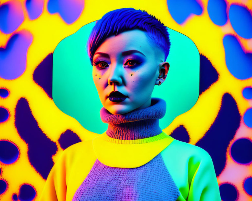 Colorful Portrait with Short Haircut and Neon Tones on Psychedelic Background