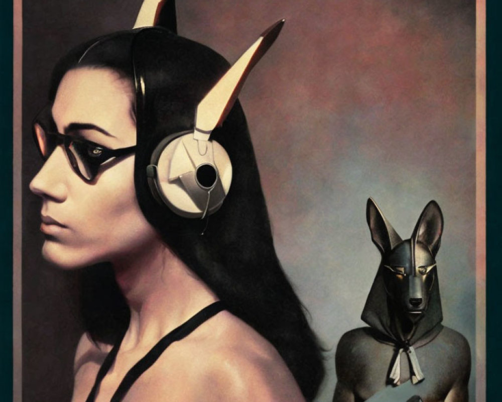 Surreal portrait of woman with dog features and headphones