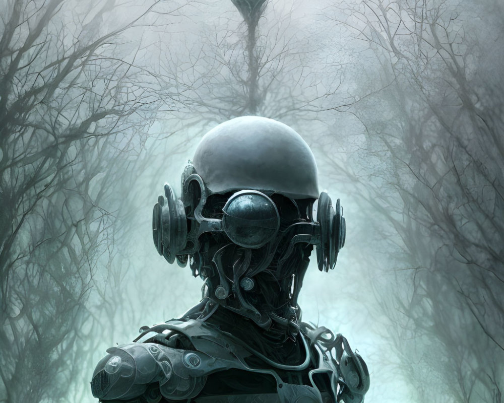 Detailed illustration of spherical-headed robot amidst misty forest with floating balloon-like object