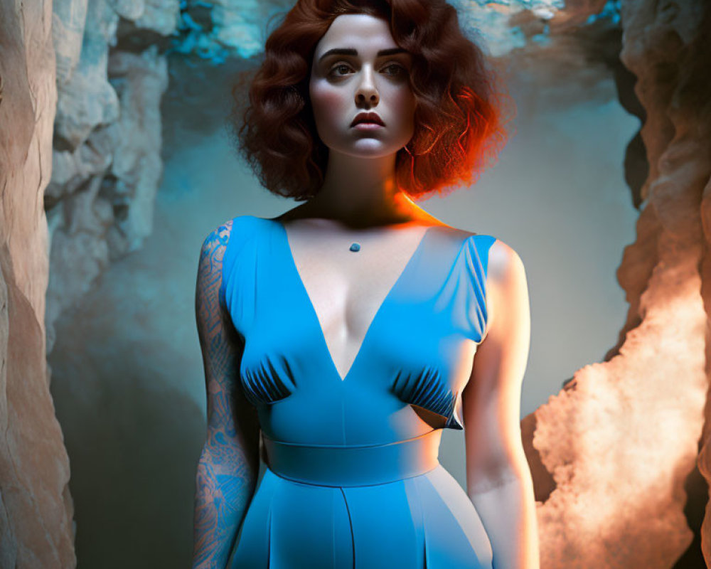 Red-haired woman in blue dress in moody cave with blue and orange lighting