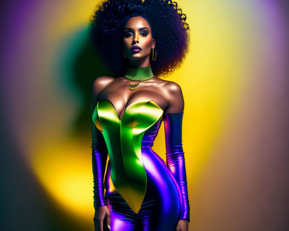 Curly-haired woman in metallic green and purple outfit on yellow background