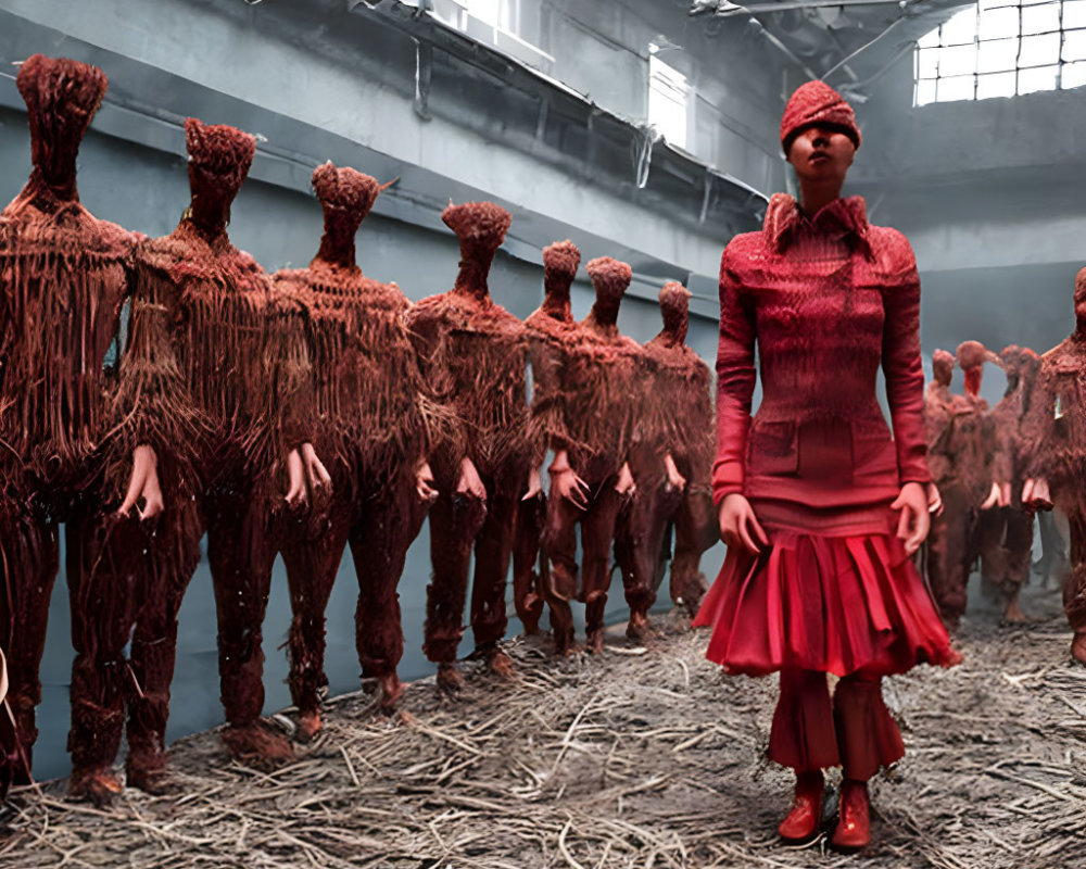 Woman in red textured outfit among figures in fibrous material in dim industrial space