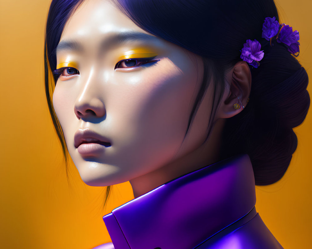 Vibrant digital portrait of a woman with yellow eyeliner and purple attire