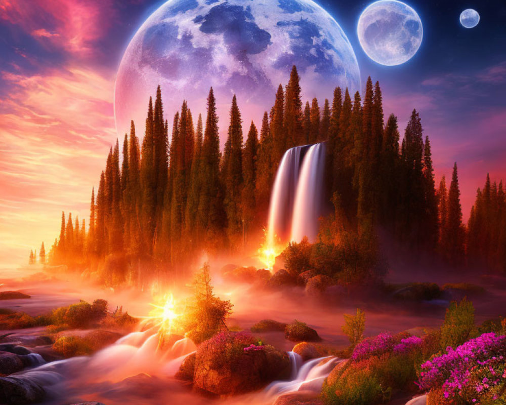 Vibrant surreal landscape with waterfall, river, pine trees, and moons