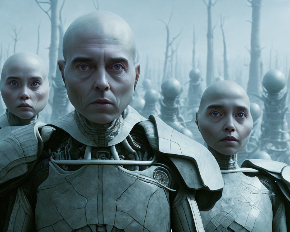 Three bald humanoid characters in futuristic armor in gloomy forest setting