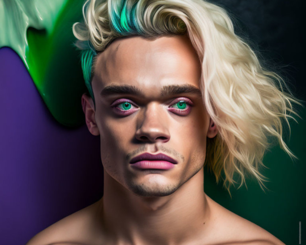 Striking half-blond, half-teal hair portrait with intense eyes and pink eyeshadow