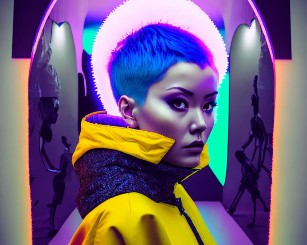 Blue-haired person in yellow jacket under neon lights with silhouetted figures.