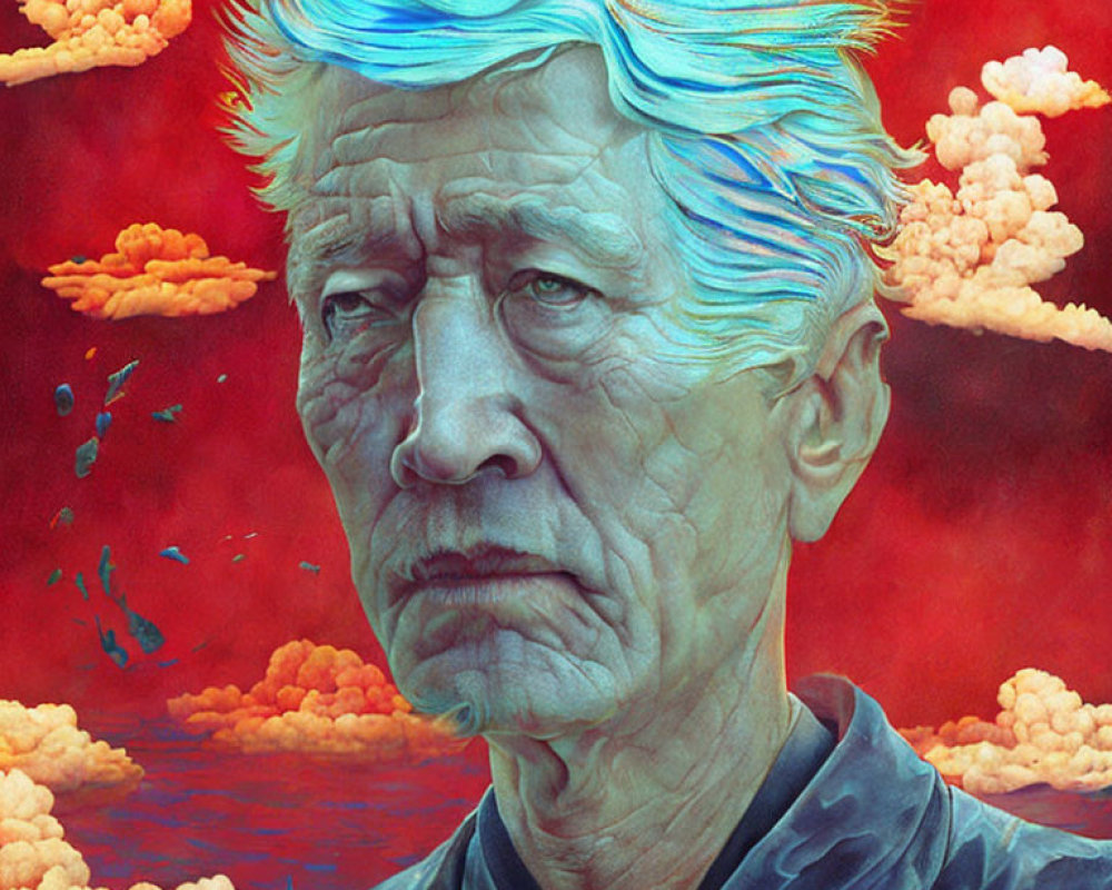 Man with Blue-Streaked Hair and Somber Expression in Red Sky Illustration