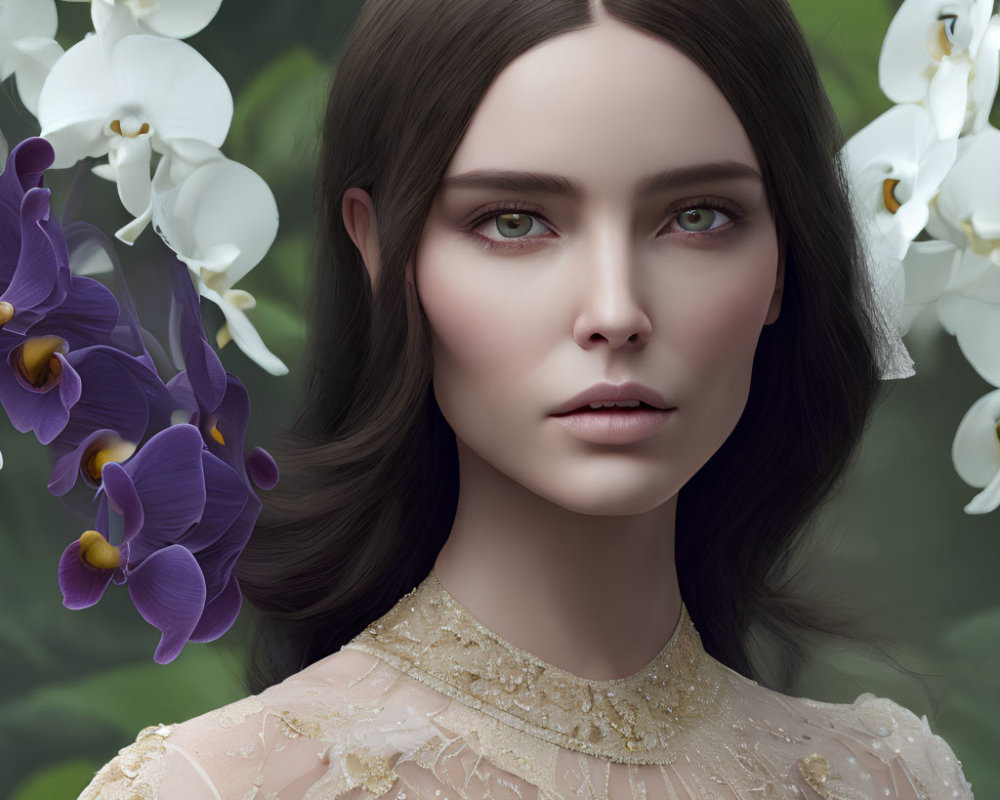 Dark-haired woman with green eyes among white and purple orchids in lace top