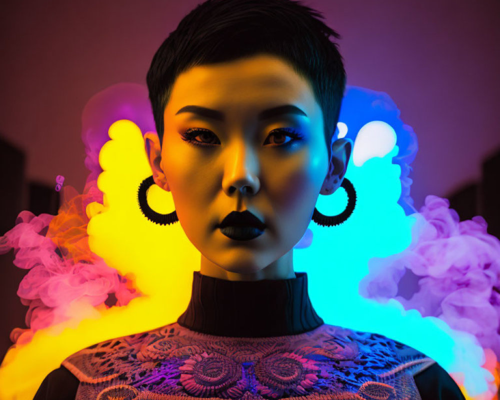 Stylized portrait of woman with short haircut in neon smoke.