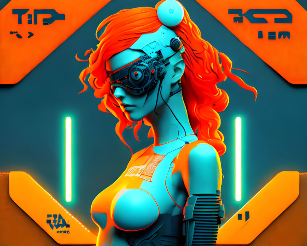 Futuristic female cyborg with orange hair and cybernetic eye on neon orange and blue background