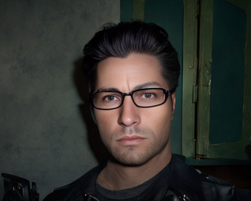 Man in styled hair and glasses, black leather jacket, standing in front of green textured wall.