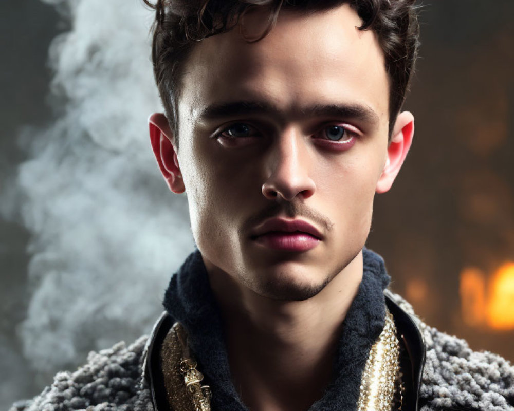 Stylish young man in dark jacket with intense gaze and gold chains on smoky background