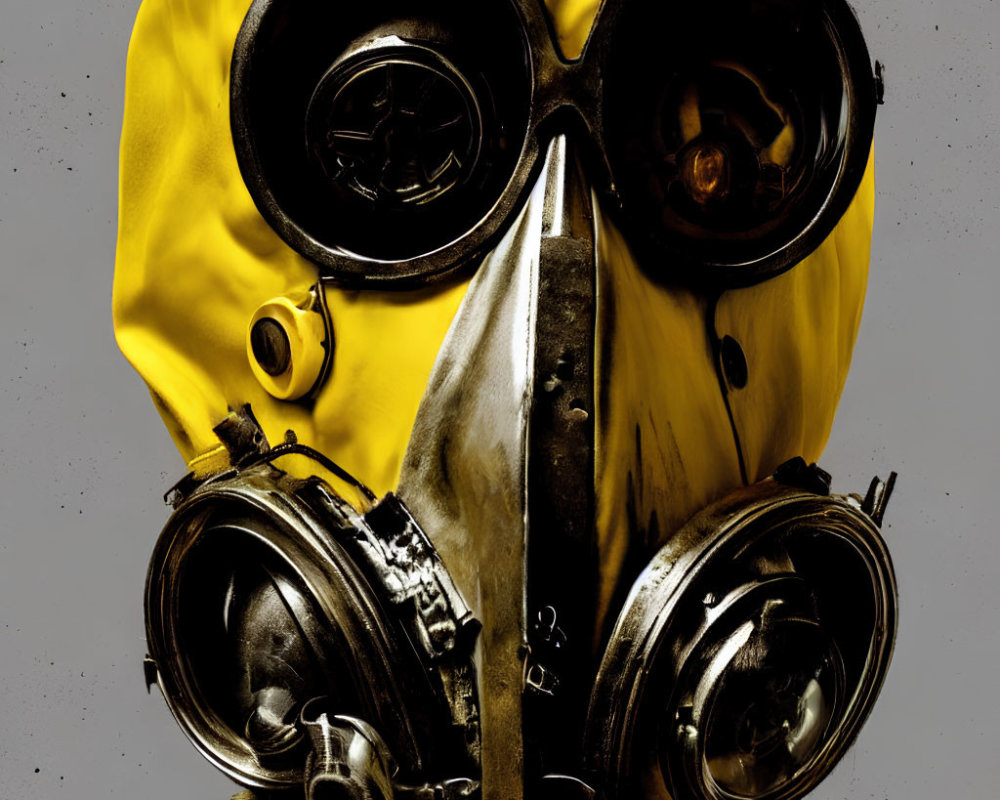 Person in Yellow Hazmat Suit with Dark Gas Mask on Grey Background