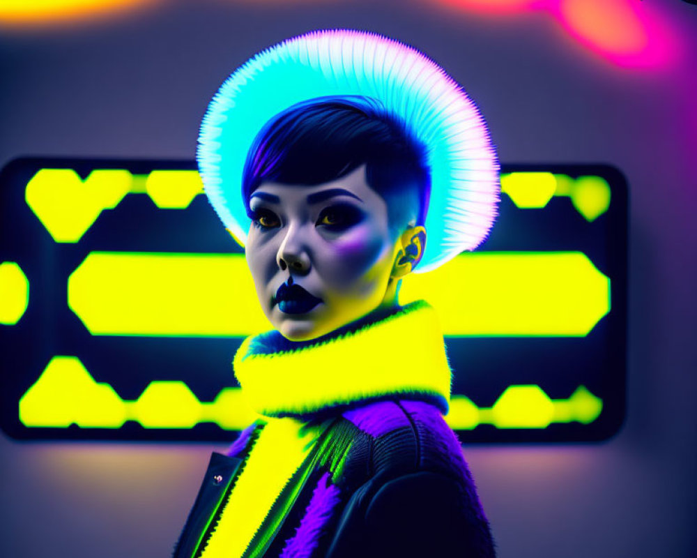 Woman with Neon Halo in Colorful Background Shapes